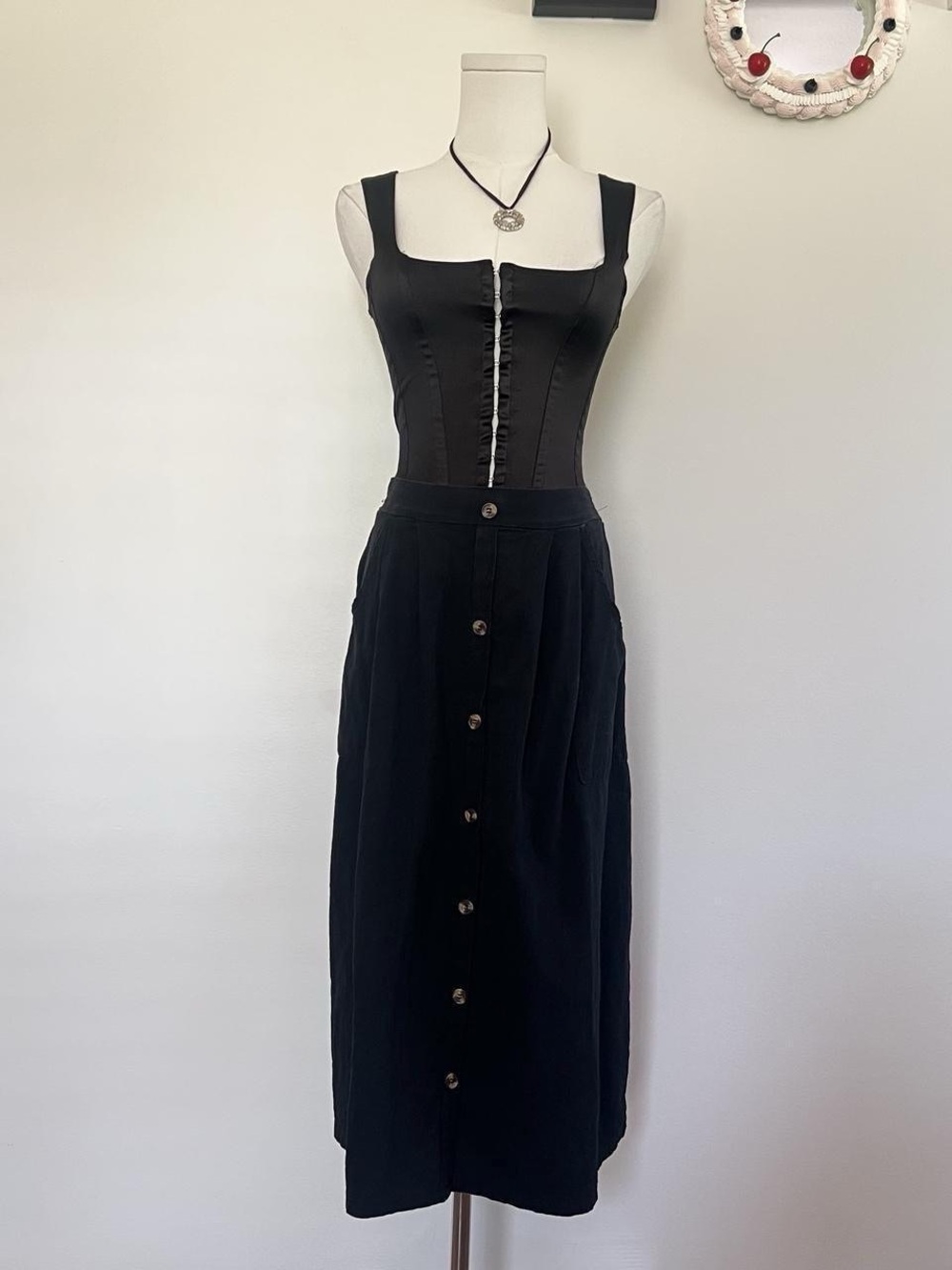 Black Midi Skirt with Button Front